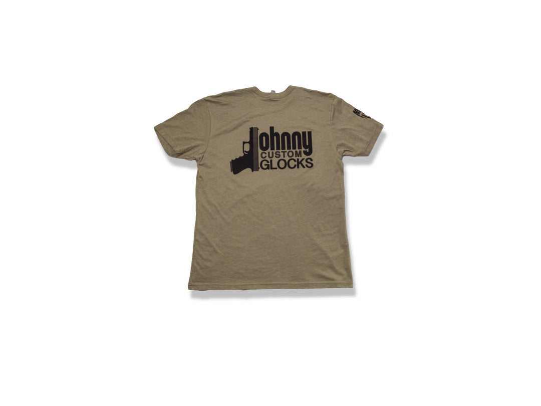 JOHNNY GLOCKS Best Triggers Army Green shirt on white background